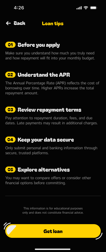 Loan tips educational screen